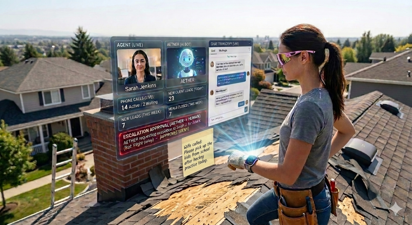 A Woman using a digital interface to control her agent and get information from her websites chatbot assistant A woman using a digital interface while standing on a rooftop, with a city view in the background.
